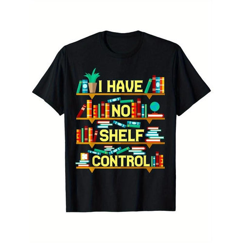 1 men's 100 cotton T-shirt, printed with no bookshelf control fan pattern, casual crew neck, short sleeve, light stretch...