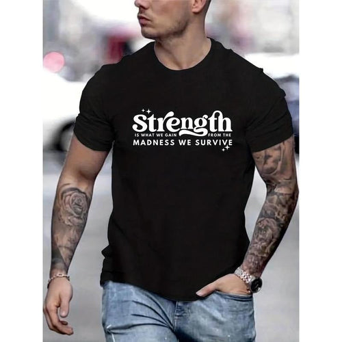100% cotton T-shirt, "Strength" Print T-shirt, Men's Casual Street Style Stretch Round Neck Tee Shirt For Summer,...