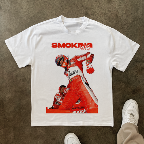 'SMOKING KILLS' SCHUMACHER HEAVY WHITE TEE Hoodie, Sweatshirt | CiraTrend.com (Image 1)