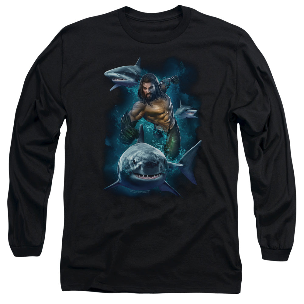 Aquaman Movie Swimming With Sharks Mens Long Sleeve Shirt Black Hoodie, Sweatshirt | CiraTrend.com (Image 1)