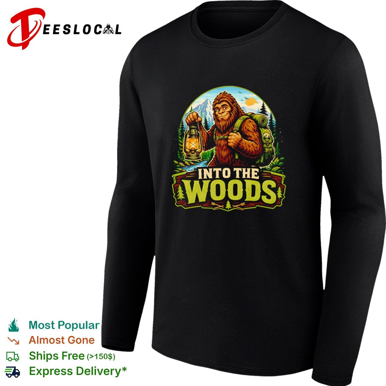 Bigfoot Into the Woods hiking lantern camping wilderness forest adventure shirt