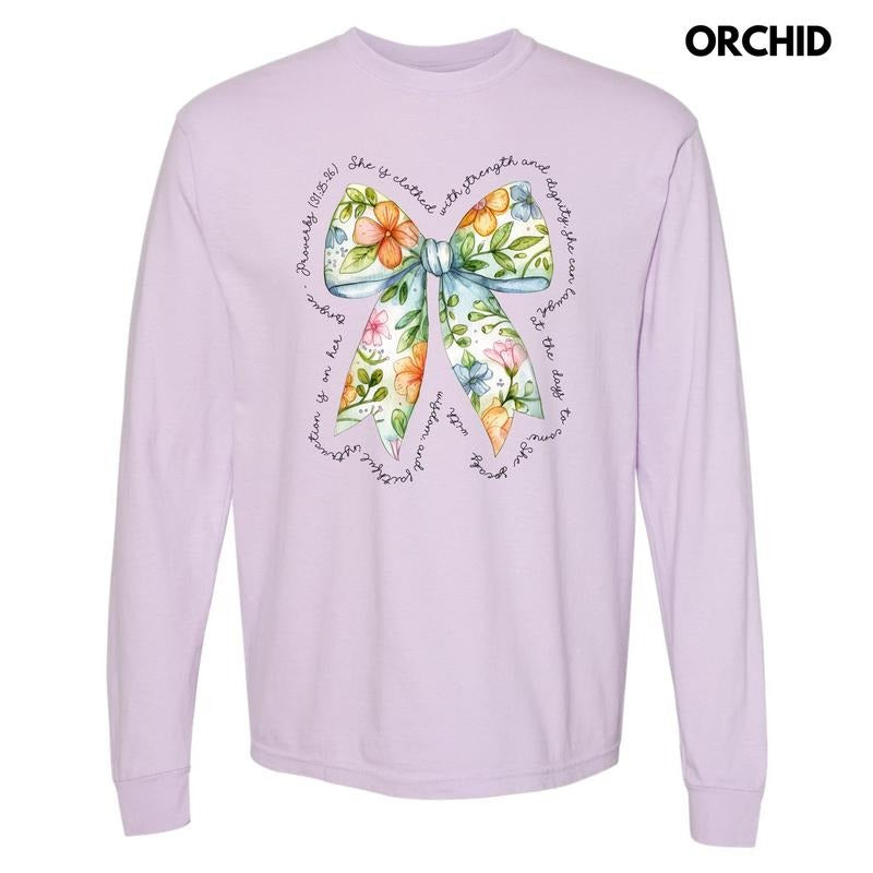 Blue Floral Proverbs Bow Long Sleeve Comfort Colors T-Shirt 'NLB' Hoodie, Sweatshirt | CiraTrend.com