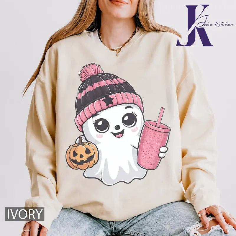 CUTE PINK BEENIE GHOST COMFORT COLORS SHIRT, GHOST COMFORT COLORS SHIRT, HALLOWEEN COMFORT COLORS T SHIRT, GRAPHIC T...