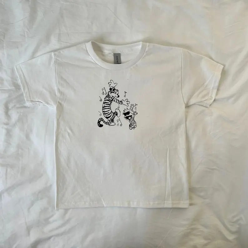 Calvin and Hobbes baby tee, Vintage-Style Cartoon T-Shirt, streetwear clothing, Pinterest, retro, comic duo, 90s...