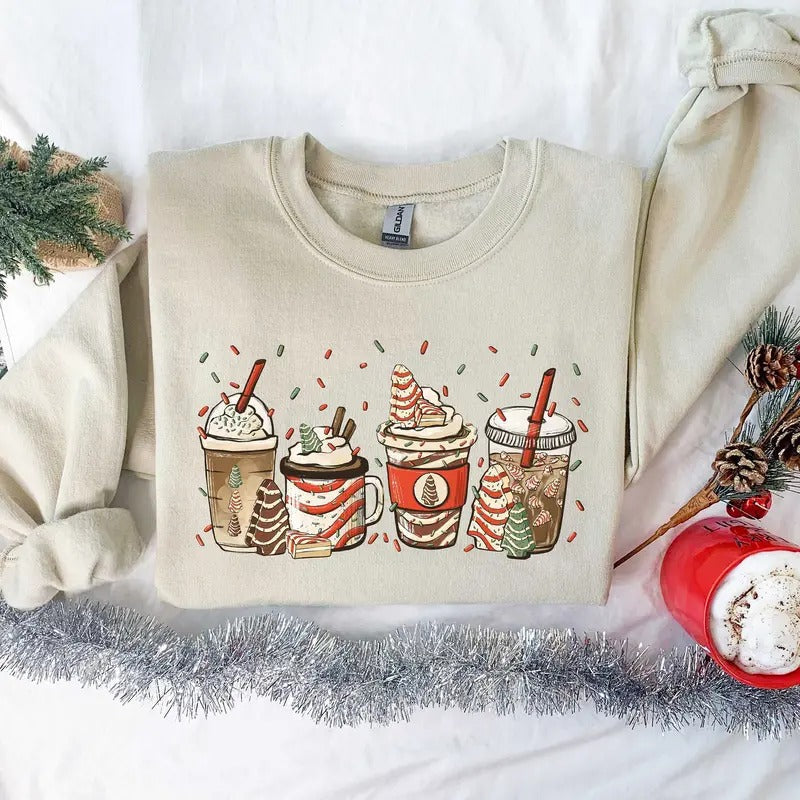 Christmas Tree Cake Coffee, Christmas Coffee Lover Sweatshirt, Women Sweatshirt, Gift For Women, Peppermint Iced Latte...