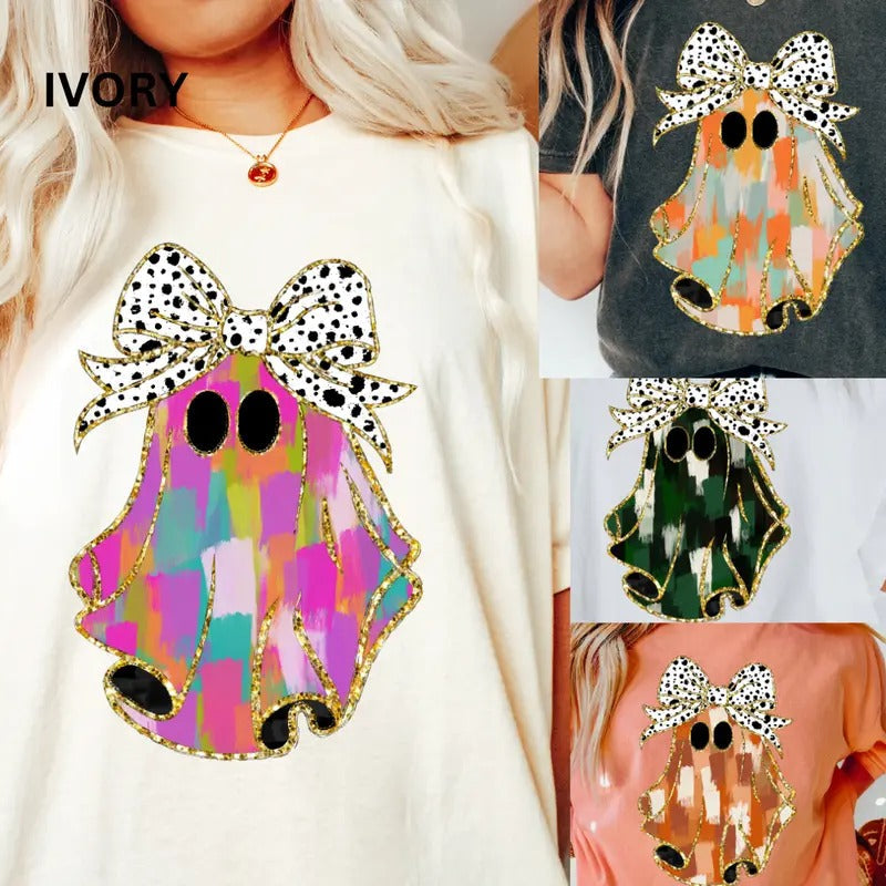 Colorful Coquette glitter ghost, Ghost Shirt, Comfort Colors halloween Shirt, Neon halloween Shirt, Retro fall Shirt,...