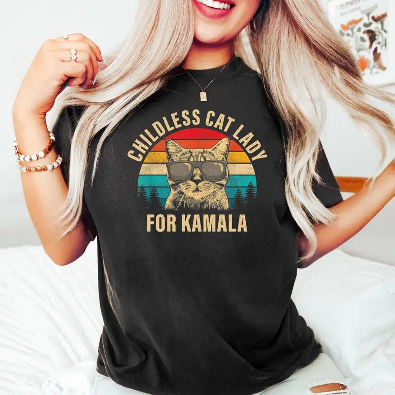 Comfort Colors Retro Childless Cat Lady For Kamala shirt, Cat Lady Shirt, Kamala Harris Cat Shirt, Democrats, Election...