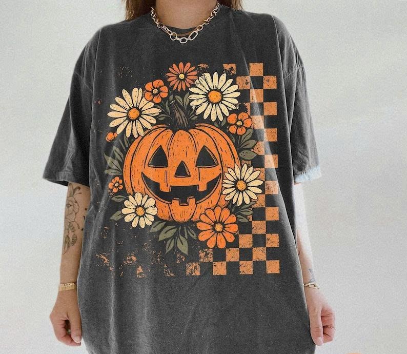 Comfort Colors Retro Floral Pumpkin Tee, Funny Halloween T-Shirt, Preppy Spooky Season Top, Trendy Checkered Fall...