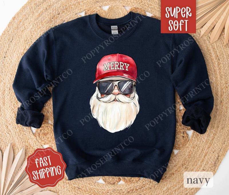 Cool Santa Sweatshirt, Preppy Christmas Crewneck,  Womens Holiday Sweater T-Shirts, Hoodie | CiraTrend.com