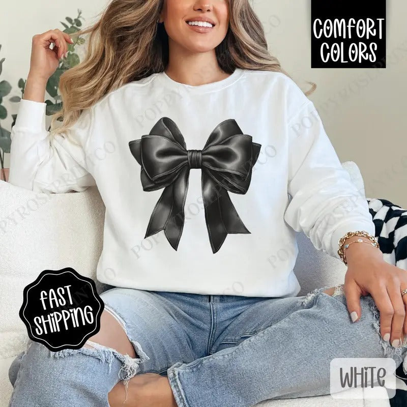 Coquette Black Bow Comfort Colors Sweatshirt, Cute Bow Women's Crewneck, Trendy Coquette Women's Sweater, Gift for Her...