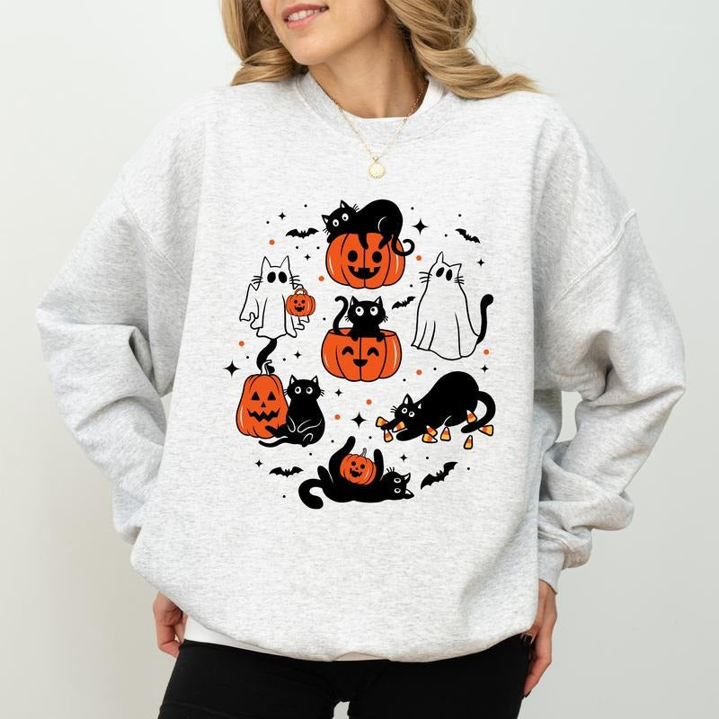 Cute Halloween Ghost Cat Sweatshirt, Halloween Boo Cat Crewneck, Funny Black Cat Sweater, Pumpkin Cat Sweatshirt, Cute...