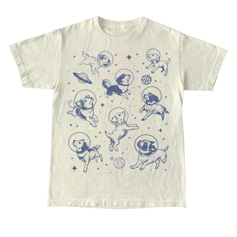 Dogs In Space Retro T-Shirt, Funny Galaxy Graphic T-shirt, Dog Moon 90s Shirt, Vintage Animal Gag Unisex Tee, Dog Lovers...