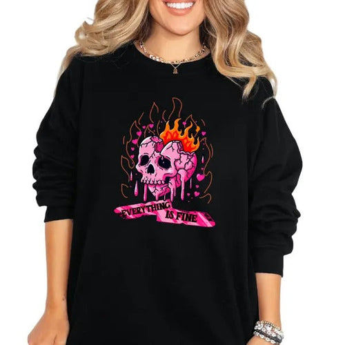 'Everything Fine' Orange & Pink Skull Crewneck Sweatshirt, T Shirt, or Hoodie | Grunge Aesthetic Pullover | Casual,...