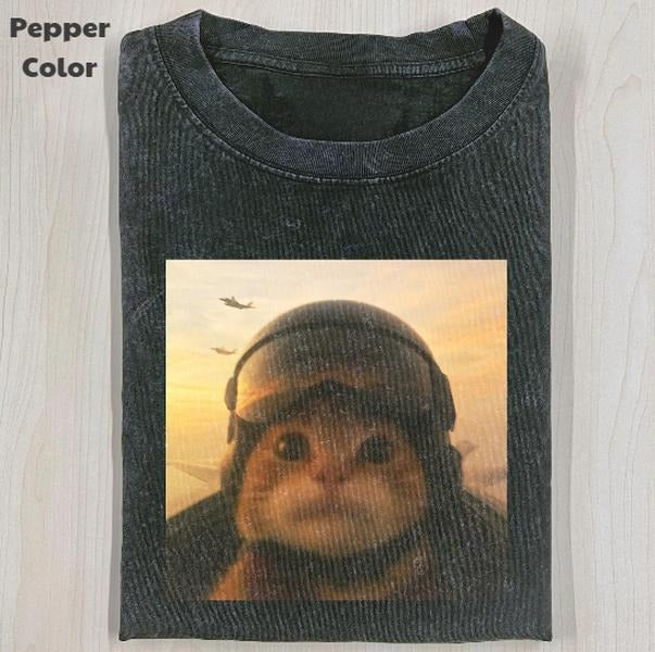 Funny Animal Vintage Graphic Tee, Pilot Cat T-Shirt, Cat Wars Animal Shirt, Unisex Meme Cringe Funny Shirt, Menswear...