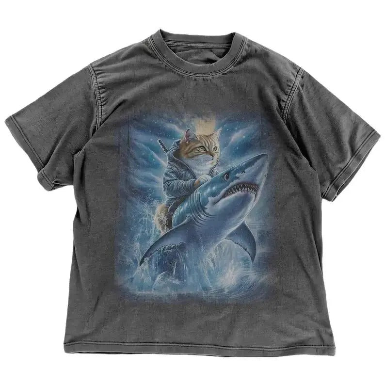 Funny Cat Riding Shark T-shirt - Vintage Night Forest Graphic Shirt - Funny Cat Warrior Ocean Graphic Tee