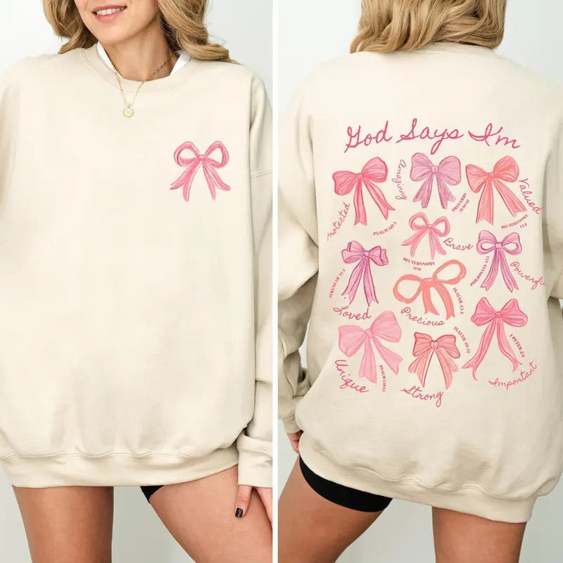 God Says I Am Coquette Bow Sweatshirt, Women's Christian Sweatshirt, Balletcore Christian Sweaer, Christian Girl Gifts,...