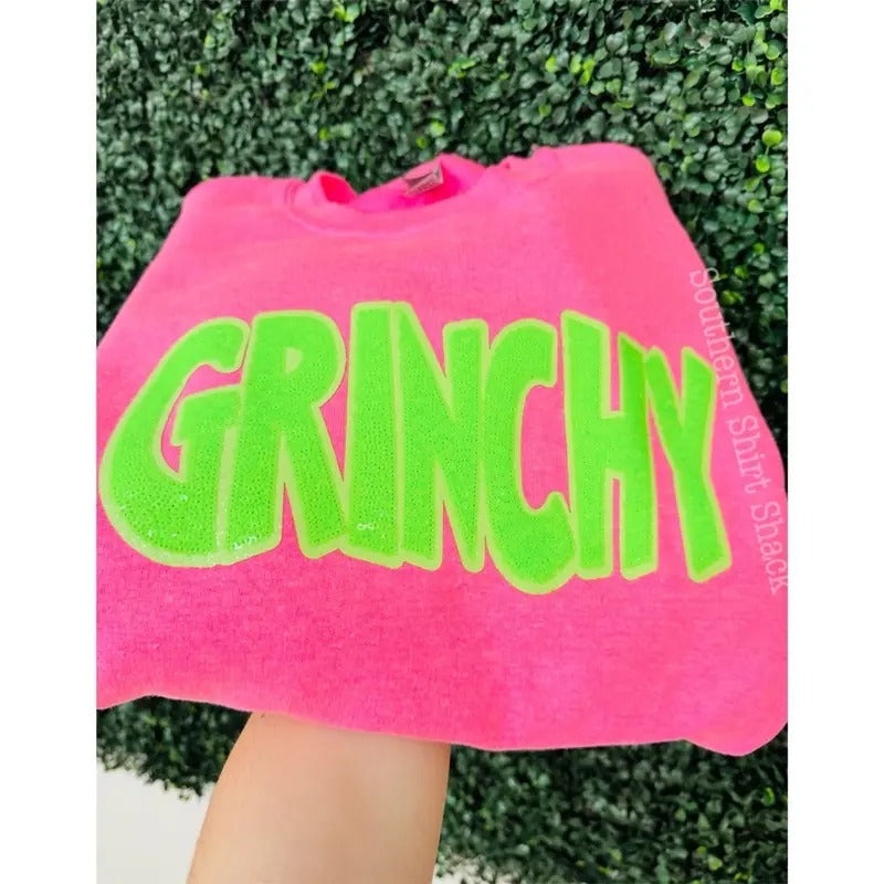 Grinchyyyy Sequin Patch Sweatshirt | Holiday Christmas Sweatshirt T-Shirts, Hoodie | CiraTrend.com