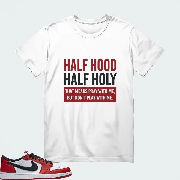 [HALF HOOD HALF HOLY] AJ1 Low OG Chicago Matching Tee Hoodie, Sweatshirt | CiraTrend.com