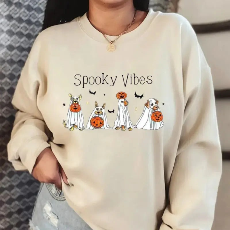 Halloween Ghost Dog Sweatshirt, Spooky Vibes Sweatshirt, Halloween Shirts, Spooky Shirt, Halloween Gift Tees, Sarcastic...