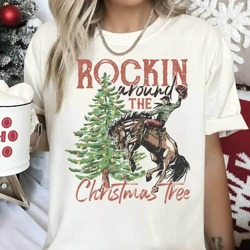 Rockin Around The Christmas Tree Sweatshirt/Shirt/Hoodie, Vintage Retro Crewneck, Country Xmas Tee, Cotton | CiraTrend.com