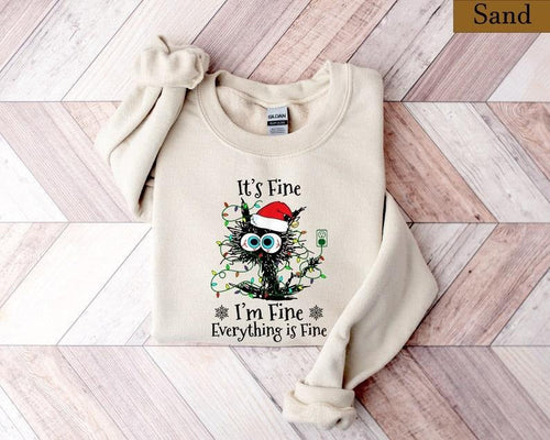 It's Fine, I'm Fine, Everything Is Fine Shirt, Christmas Lights Shirt, Holiday Sweater for Women, Funny Cat Shirt, Xmas...
