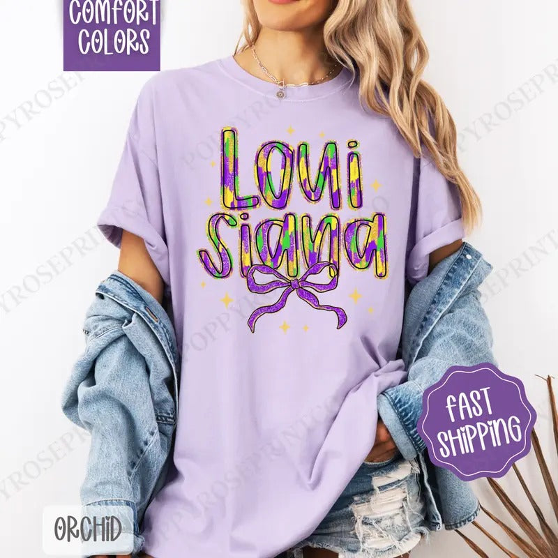 Louisiana Bow Comfort Colors, Coquette Mardi Gras Bow Women's Tee, Holiday Women's Tshirt Hoodie, Sweatshirt | CiraTrend.com