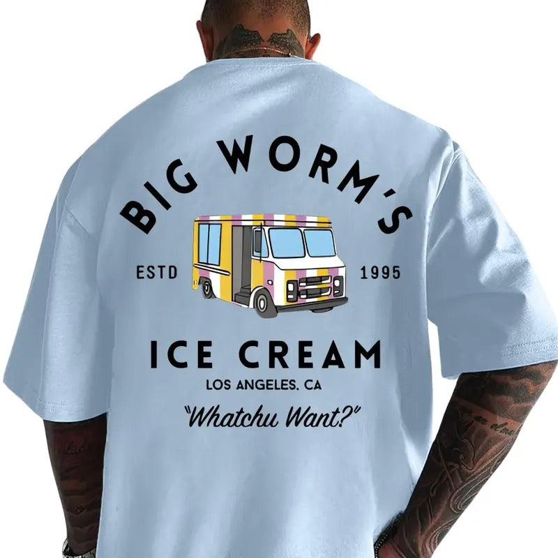 Men's Cartoon Ice Cream Truck & Letter Print Round Neck Tee, Men's Clothes for All Seasons, Loose Street Fashion Casual...