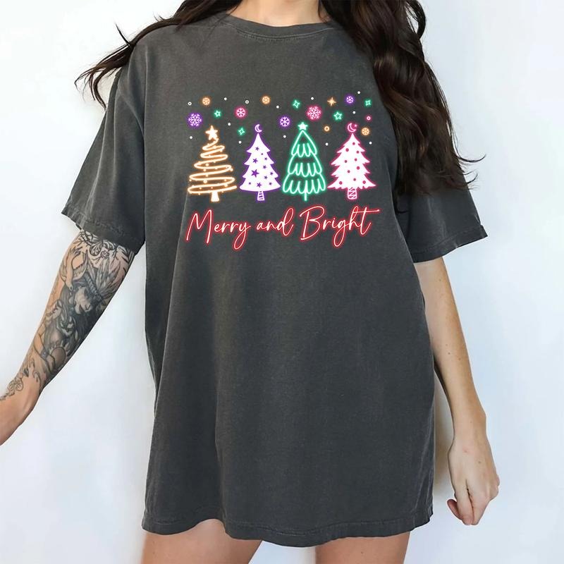 Merry and Bright Neon Comfort Colors Shirt, Merry Christmas Unhinged Tees, Christmas Trees Neon Tee, Holiday Family...