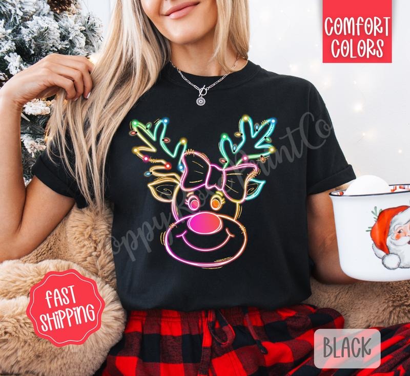 Neon Reindeer Shirt Comfort Colors, Trendy Women's Christmas Tshirt Hoodie, Sweatshirt | CiraTrend.com