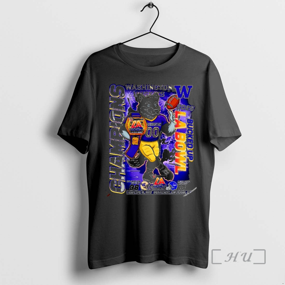 Officials Washington Huskies 2025 Bucked Up La Bowl Champions Mascot Christmas Premium T Shirts Sweater Hoodie, Sweatshirt