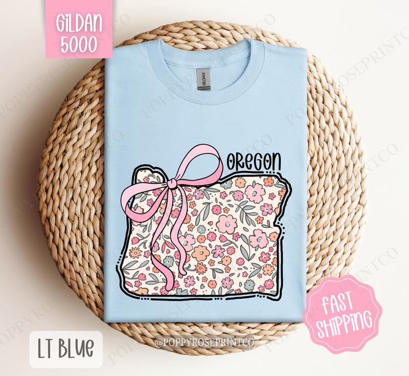 Oregon Floral Bow Gildan T-shirt, Cute Trendy Tee, State Coquette Oversized Top Hoodie, Sweatshirt | CiraTrend.com