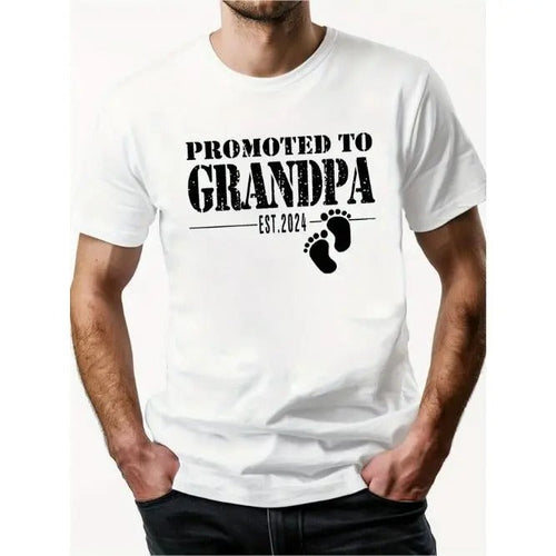 "PROMOTED TO GRANDPA" letter printed men's round neck short sleeve cotton T-shirt, comfortable and breathable, casual...