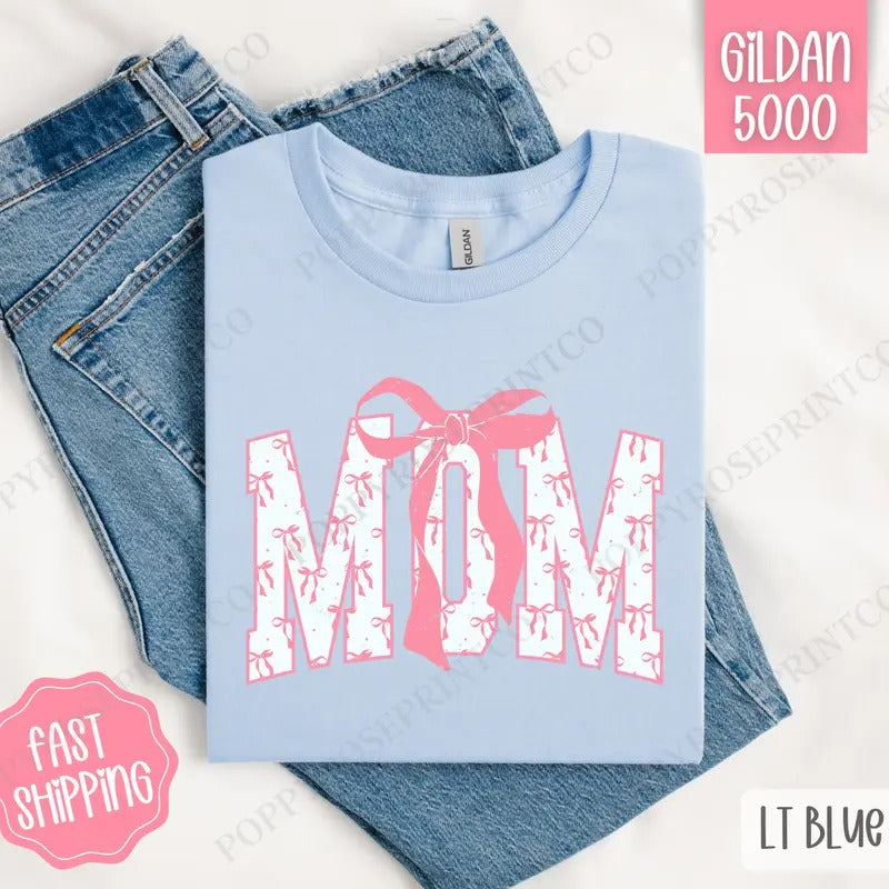 Pink Mom Bow Shirt Gildan, Women's Tee, Cute Women's Tshirt Plus Sizes Hoodie, Sweatshirt | CiraTrend.com