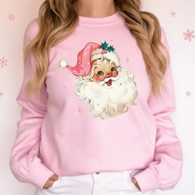Pink Santa Christmas Sweatshirt Gift for Woman Christmas Matching Family Pajamas Retro Christmas Shirt Vintage Holiday...