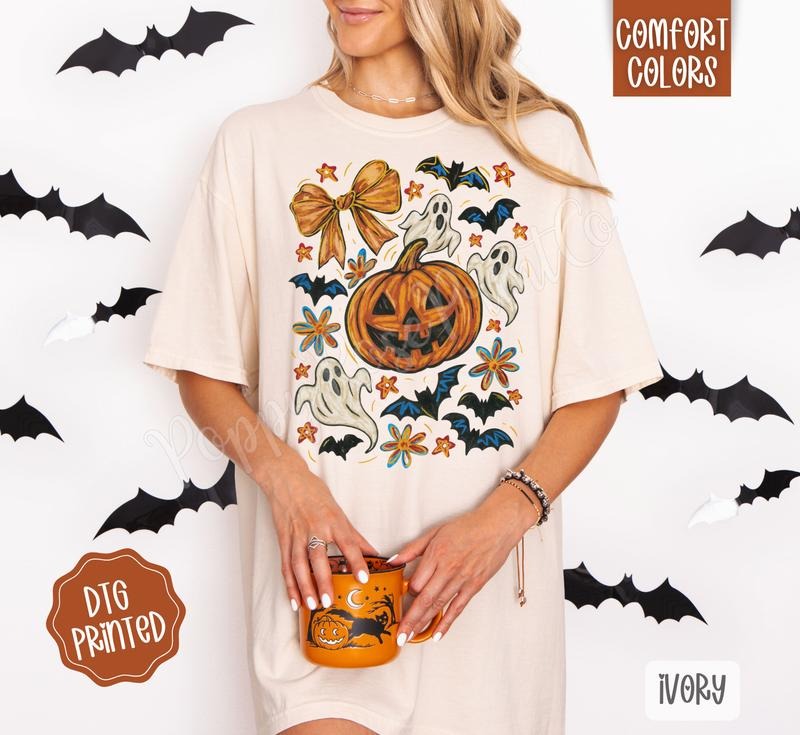 Pumpkin Floral Collage Shirt Comfort Colors, Trendy Halloween Tshirt Hoodie, Sweatshirt | CiraTrend.com