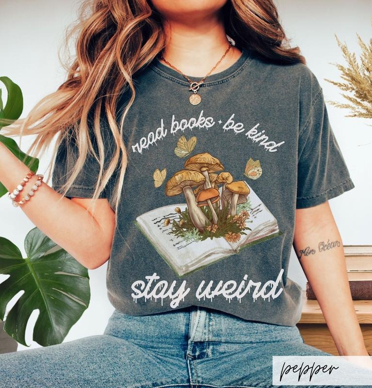 Read Books Be Kind Stay Weird Shirt, Cottagecore Mushroom and Moth Tee, Bookish Bookcore Fairycore Grunge TShirt for...