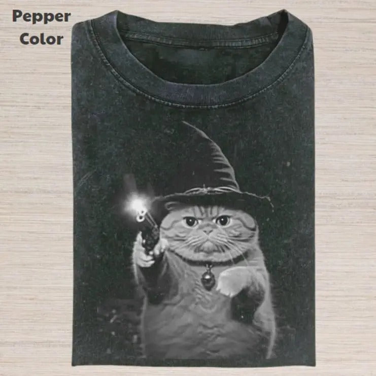 Retro Funny Vintage Graphic Tee, Wizard Cat Gun T-Shirt, Unisex Meme Cringe Funny Dumb Shirt, Gift For Men Women,...