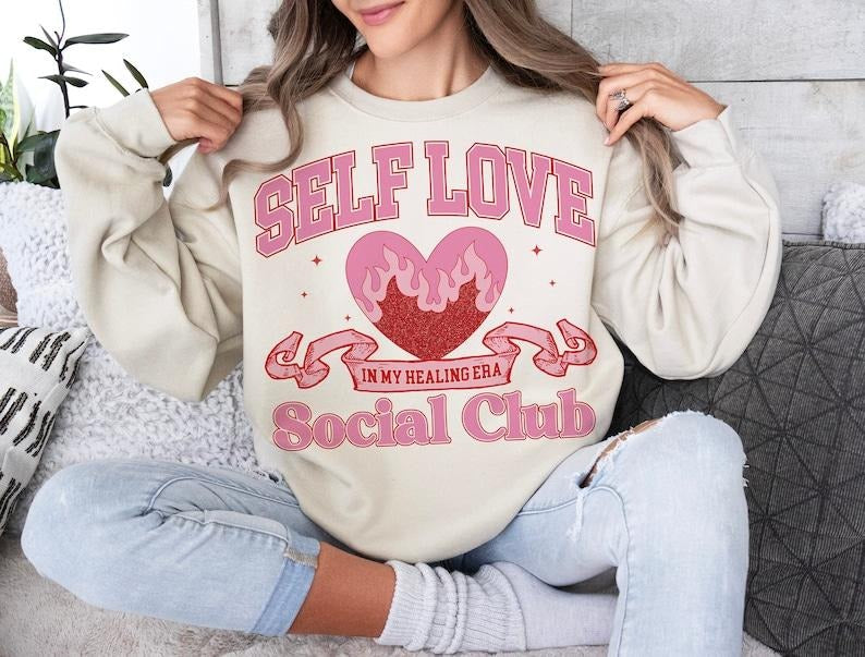 Retro Valentines Sweatshirt Valentines Day , Self Love Club, Trendy , Love , Heart Candy , T-Shirts, Hoodie | CiraTrend.com