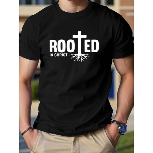 "Rooted In Christ" Pattern Printing Cotton Casual Novel Men's T-shirt, Short-sleeved Summer Shirt, Comfortable Fit,...
