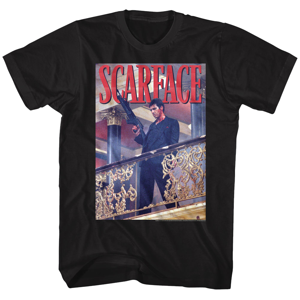 Scarface Mens S/S T-Shirt - Railing Shot - Solid Black Hoodie, Sweatshirt | CiraTrend.com