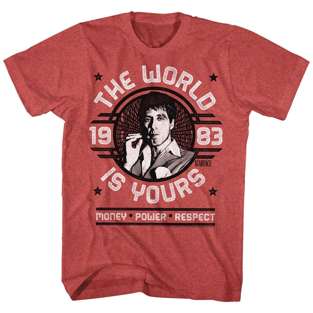 Scarface Mens S/S T-Shirt - World Is Yours Emblem - Heather Red Heather Hoodie, Sweatshirt | CiraTrend.com