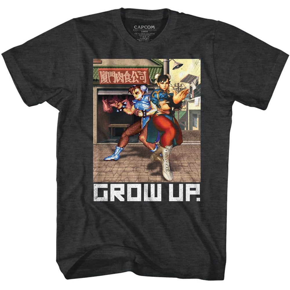 Street Fighter Mens S/S T-Shirt - Grow Up. - Heather Black Heather Hoodie, Sweatshirt | CiraTrend.com