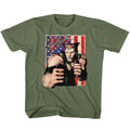 Street Fighter Youth S/S T-Shirt - Guile With Flag - Solid Military Green Hoodie, Sweatshirt | CiraTrend.com