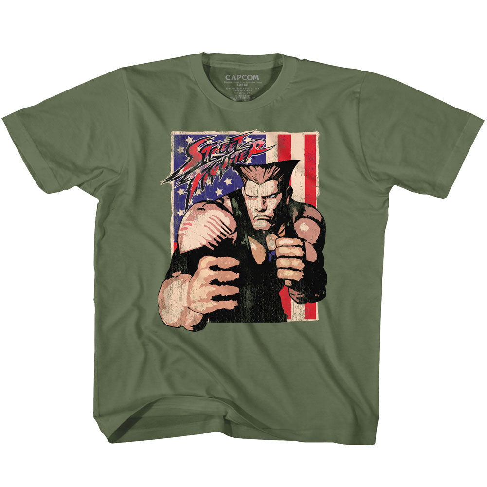 Street Fighter Youth S/S T-Shirt - Guile With Flag - Solid Military Green Hoodie, Sweatshirt | CiraTrend.com