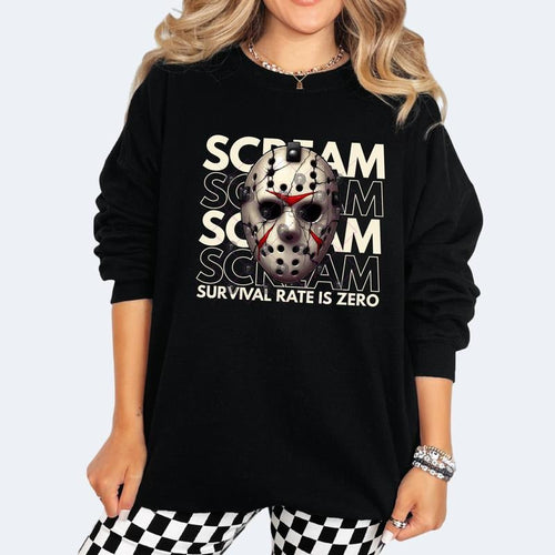 'Scream Survival Rate is Zero' Long Sleeve Crewneck Sweatshirt T Shirt or Hoodie Casual Poly Cotton Blend Graphic Top for...
