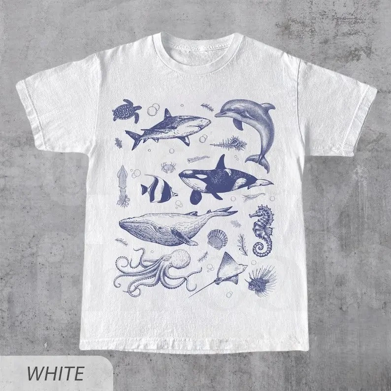Sea Creatures Vintage Shirt, 90s Tattoo Sea Animal Tshirt, Whale, Orca, Ocean Sealife, Turtle, Dolphin Shirt, Nature,...