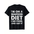 Seafood Diet Humor T-Shirt, 100% Cotton Crew Neck Casual Tee, Short Sleeve Printed Top, Slight Stretch Knit Fabric,...