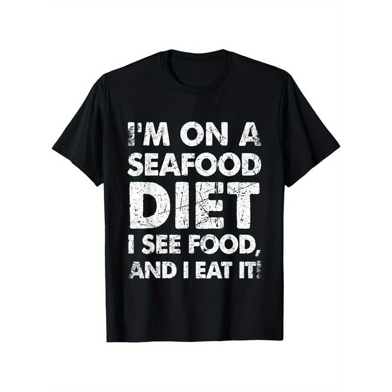 Seafood Diet Humor T-Shirt, 100% Cotton Crew Neck Casual Tee, Short Sleeve Printed Top, Slight Stretch Knit Fabric,...