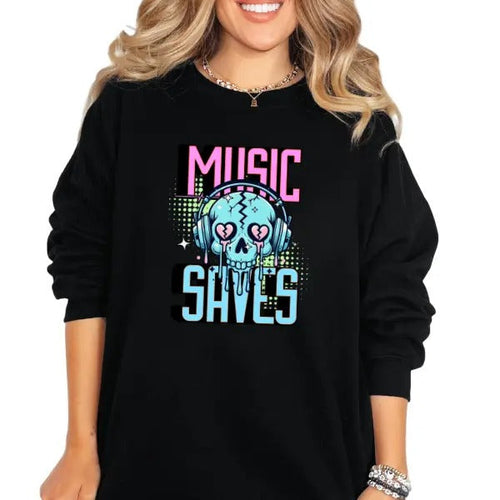 'Music Saves Me' Sweatshirt, T Shirt, or Hoodie | Vintage Grunge Aesthetic Pullover w/Skulls, Retro Vibes | 90's & 80s...