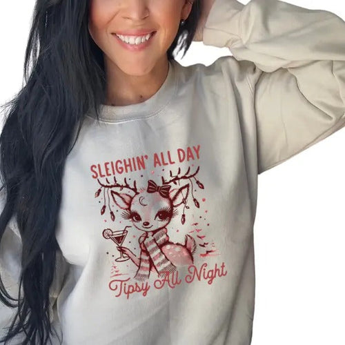"Sleighing All Day, Tipsy All Night Christmas Reindeer Sweatshirt | Fun, Festive & Cozy Unisex Holiday Pullover | Unisex...